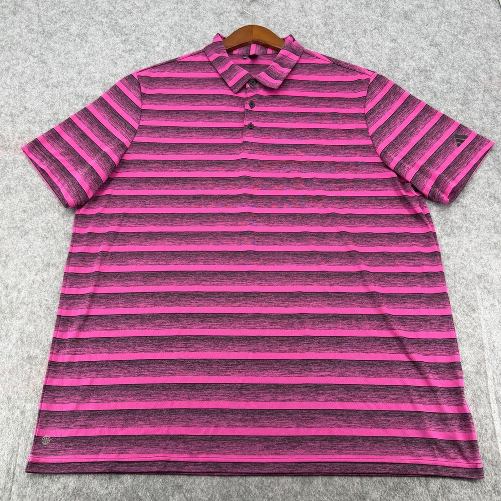 Adidas Golf Mens 2XL Pink Black Striped Short Sleeve Performance Polo Shirt